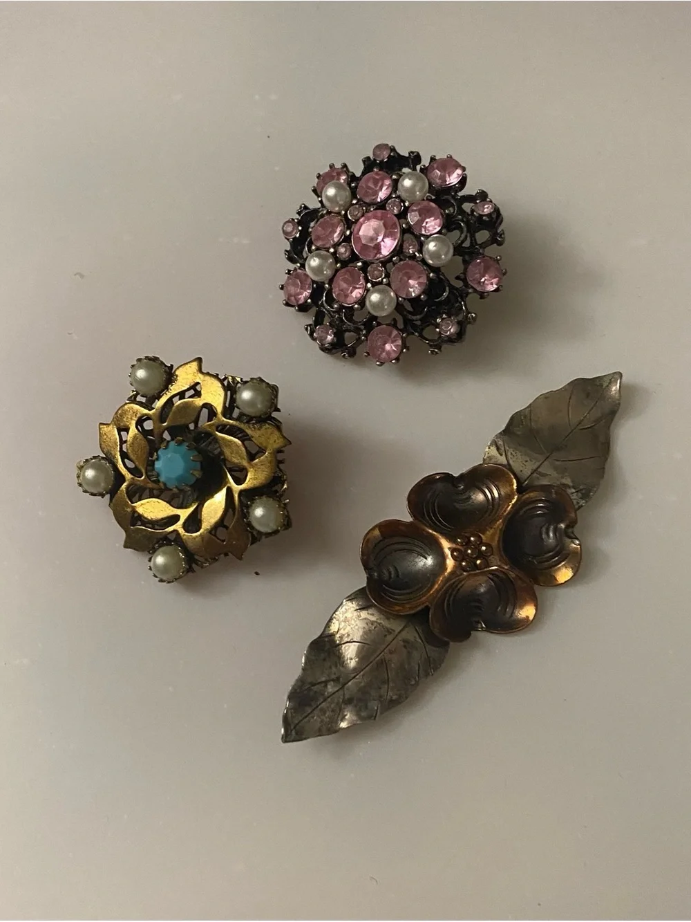 Vintage Pink Crystal and Pearl Floral Brooch - Unbranded